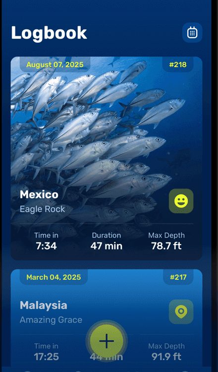 Seabook logbook screen listing dives with date, site, time in, duration and max depth